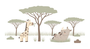 Detailed safari animals mural wallpaper design pattern with giraffe and rhinoceros by Kids-Mundo