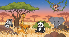 Detailed safari animals mural wallpaper design pattern with cute wildlife characters by Kids-Mundo