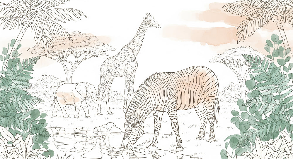 Detailed safari animals wallpaper design pattern showing giraffe zebra elephant savanna scene by Kids-Mundo
