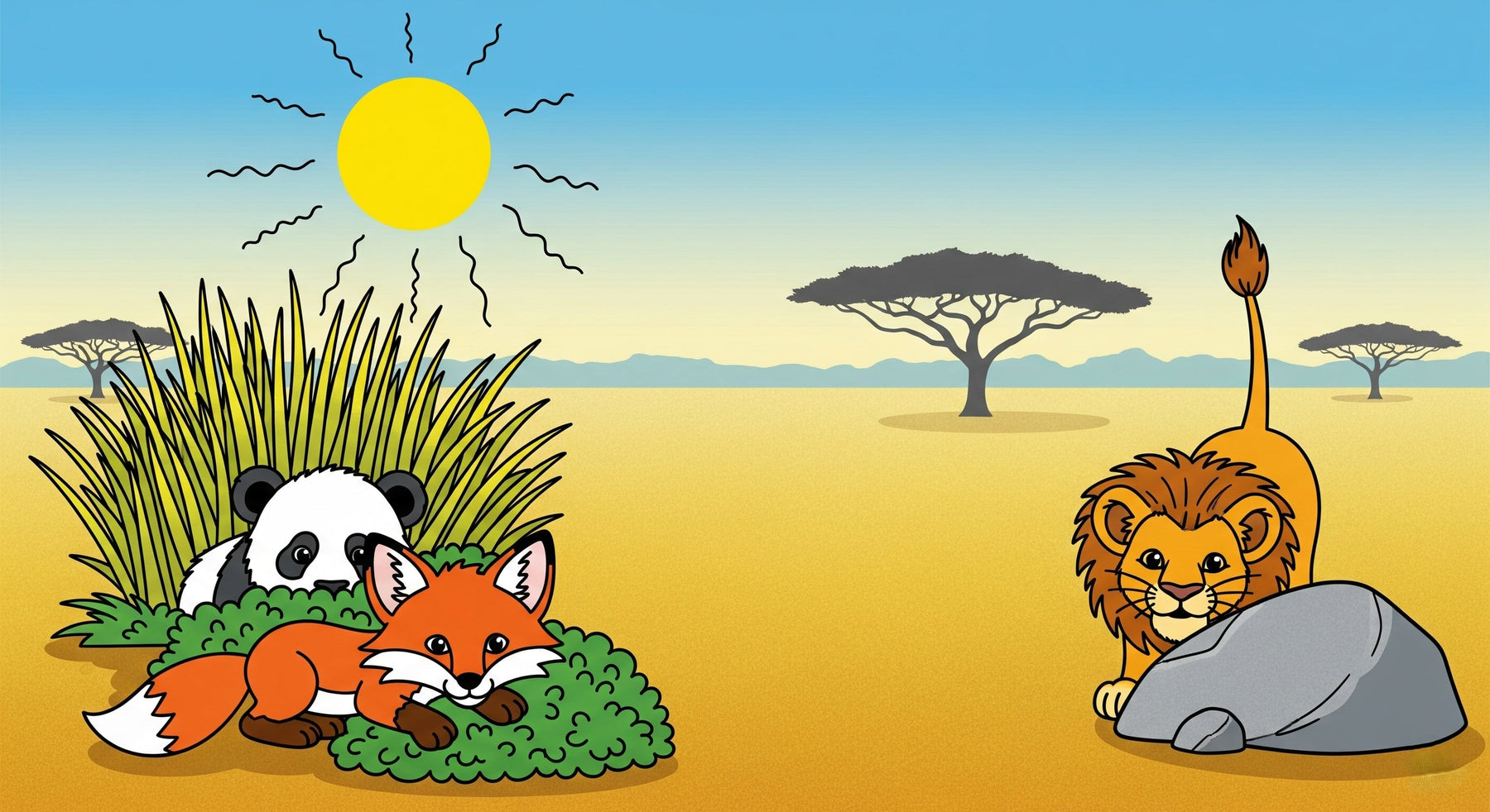 Detailed safari animals mural wallpaper design pattern with lion, fox, and panda in savanna setting by Kids-Mundo