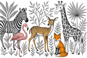 Detailed safari animals mural wallpaper design pattern with giraffe zebra and flamingo by Kids-Mundo