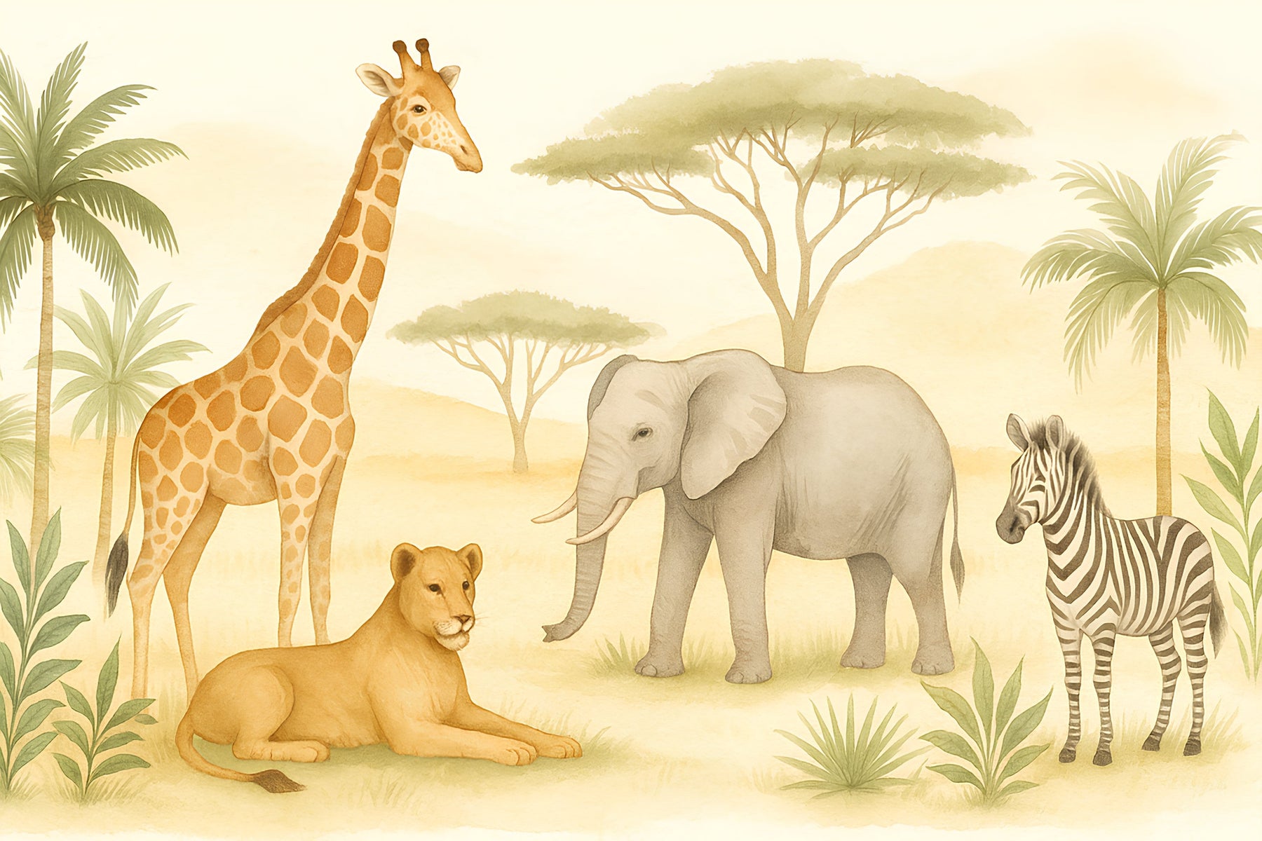 Detailed safari animals mural wallpaper design pattern with pastel savanna theme by Kids-Mundo