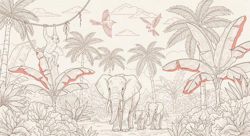 Detailed safari animals mural wallpaper design pattern with elephants and monkeys by Kids-Mundo