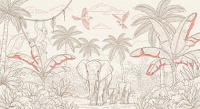 Detailed safari animals mural wallpaper design pattern with elephants and monkeys by Kids-Mundo