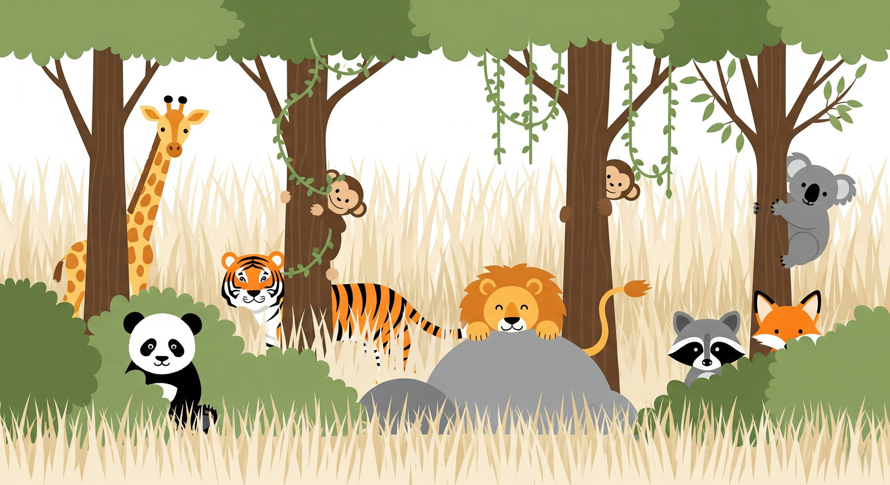 Detailed safari animals mural wallpaper design pattern with jungle creatures by Kids-Mundo