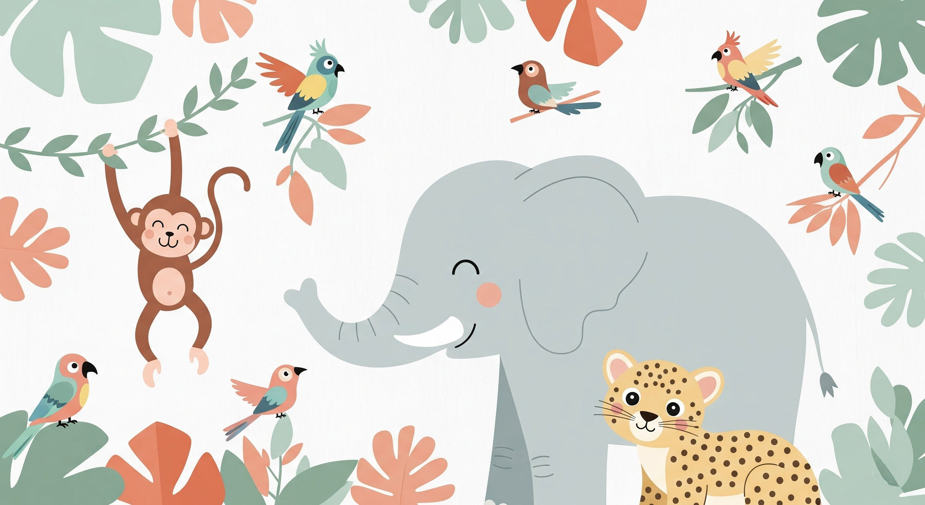 Detailed safari animals mural wallpaper design pattern with elephant and jungle friends by Kids-Mundo
