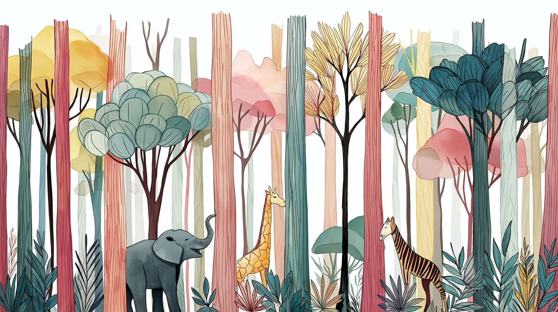 Detailed safari animals mural wallpaper design pattern with colorful forest by Kids-Mundo