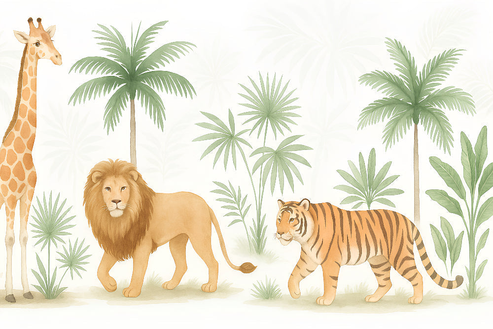 Detailed safari animals mural wallpaper design pattern showing giraffe, lion and tiger by Kids-Mundo