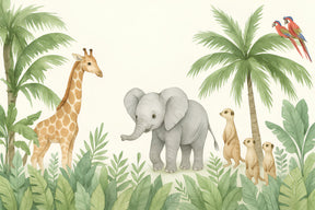 Detailed safari animals mural wallpaper design pattern with elephants, giraffes and jungle foliage by Kids-Mundo