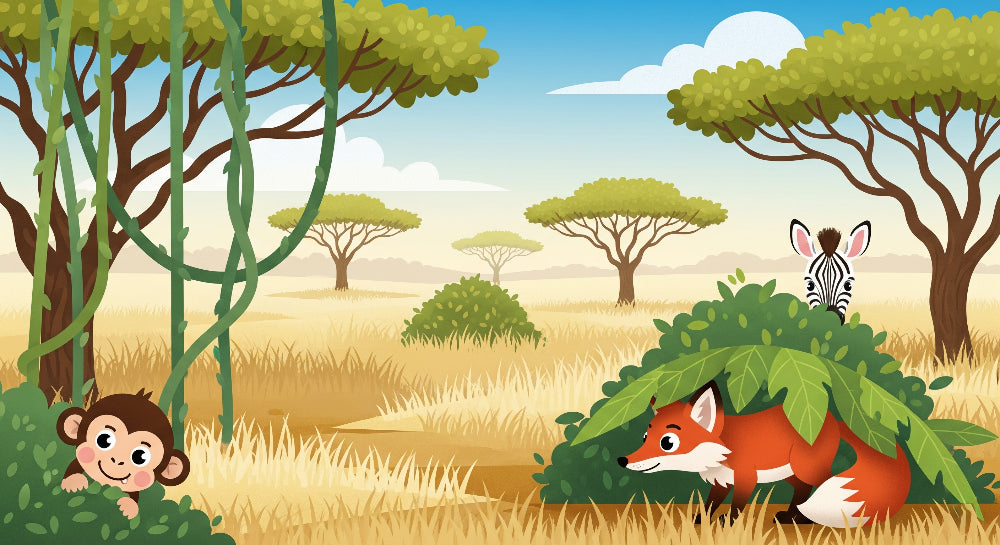 Detailed safari animals mural wallpaper design pattern showing monkey fox and zebra by Kids-Mundo