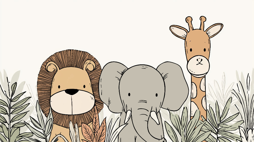 Detailed safari animals mural wallpaper design pattern showing lion, elephant and giraffe by Kids-Mundo