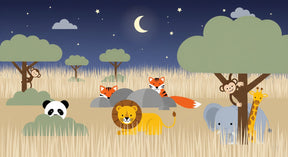 Detailed safari animals mural wallpaper design pattern showing starlit savanna scene by Kids-Mundo