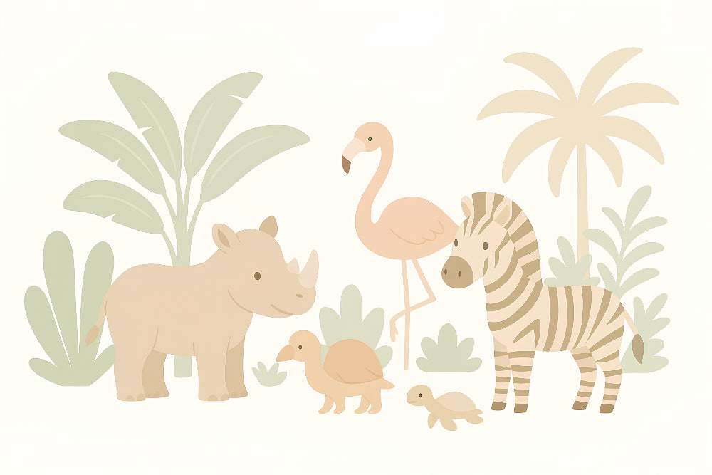 Detailed safari animals mural wallpaper design pattern featuring rhino zebra flamingo by Kids-Mundo