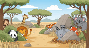 Detailed safari animals mural wallpaper design pattern with giraffe lion panda by Kids-Mundo