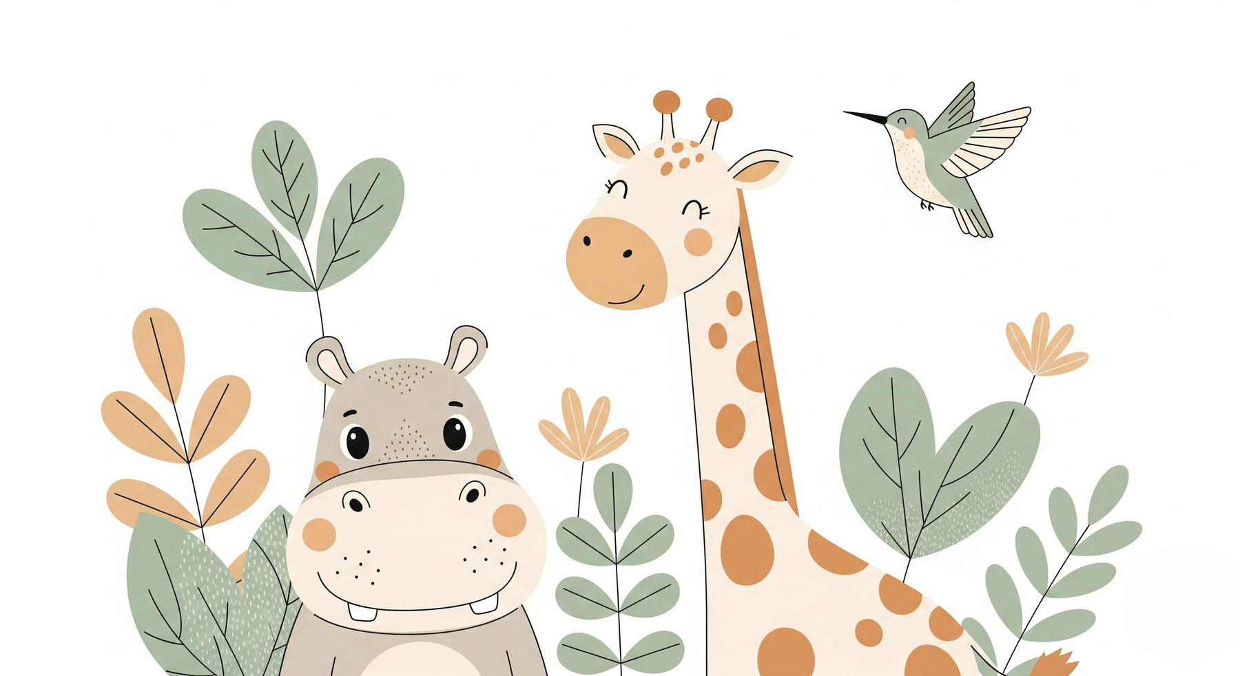 Detailed safari animals mural wallpaper design pattern showing hippo and giraffe by Kids-Mundo