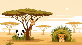 Detailed safari animals mural wallpaper design pattern featuring panda, giraffe and lion cub by Kids-Mundo