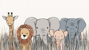 Detailed safari animals wallpaper design pattern showing giraffe, lion and elephants by Kids-Mundo