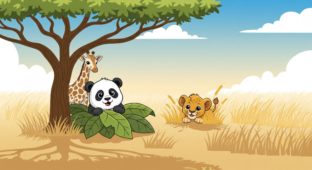 Detailed safari animals mural wallpaper design pattern showing panda, lion cub and giraffe by Kids-Mundo