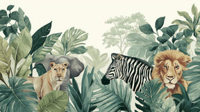 Detailed safari animals mural wallpaper design pattern with lions zebra jungle foliage by Kids-Mundo