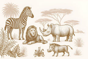 Detailed safari animals wallpaper design pattern with lion zebra rhinoceros in sepia tones by Kids-Mundo