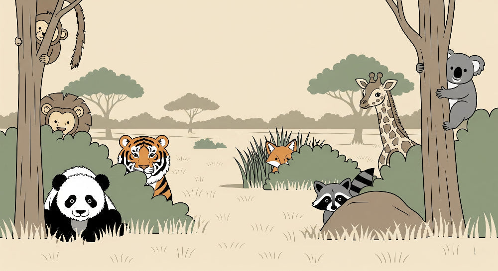 Detailed safari animals mural wallpaper design pattern featuring lions, tigers, and pandas by Kids-Mundo