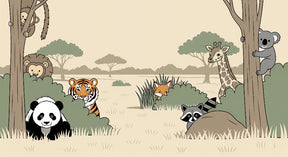 Detailed safari animals mural wallpaper design pattern featuring lions, tigers, and pandas by Kids-Mundo