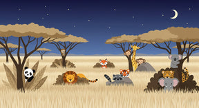 Detailed nighttime safari mural wallpaper design pattern with animals and acacia trees by Kids-Mundo