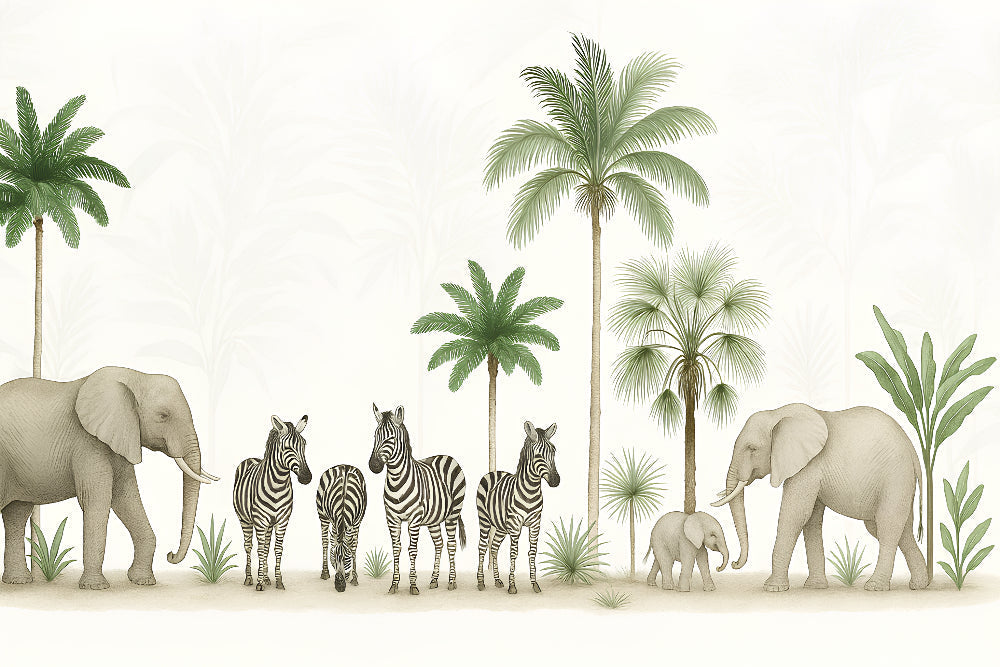 Detailed safari animals mural wallpaper design pattern with elephants and zebras by Kids-Mundo