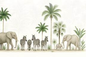 Detailed safari animals mural wallpaper design pattern with elephants and zebras by Kids-Mundo