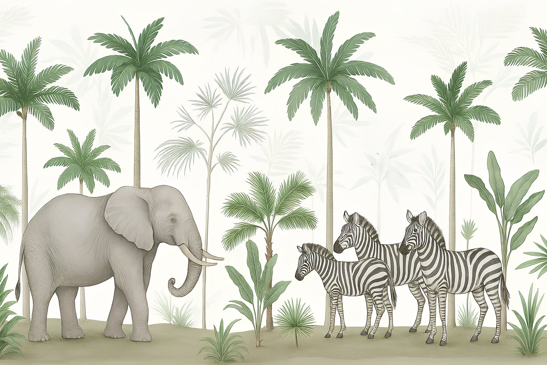 Detailed safari animals mural wallpaper design pattern with elephant and zebras by Kids-Mundo