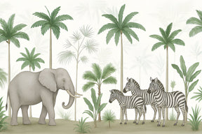 Detailed safari animals mural wallpaper design pattern with elephant and zebras by Kids-Mundo