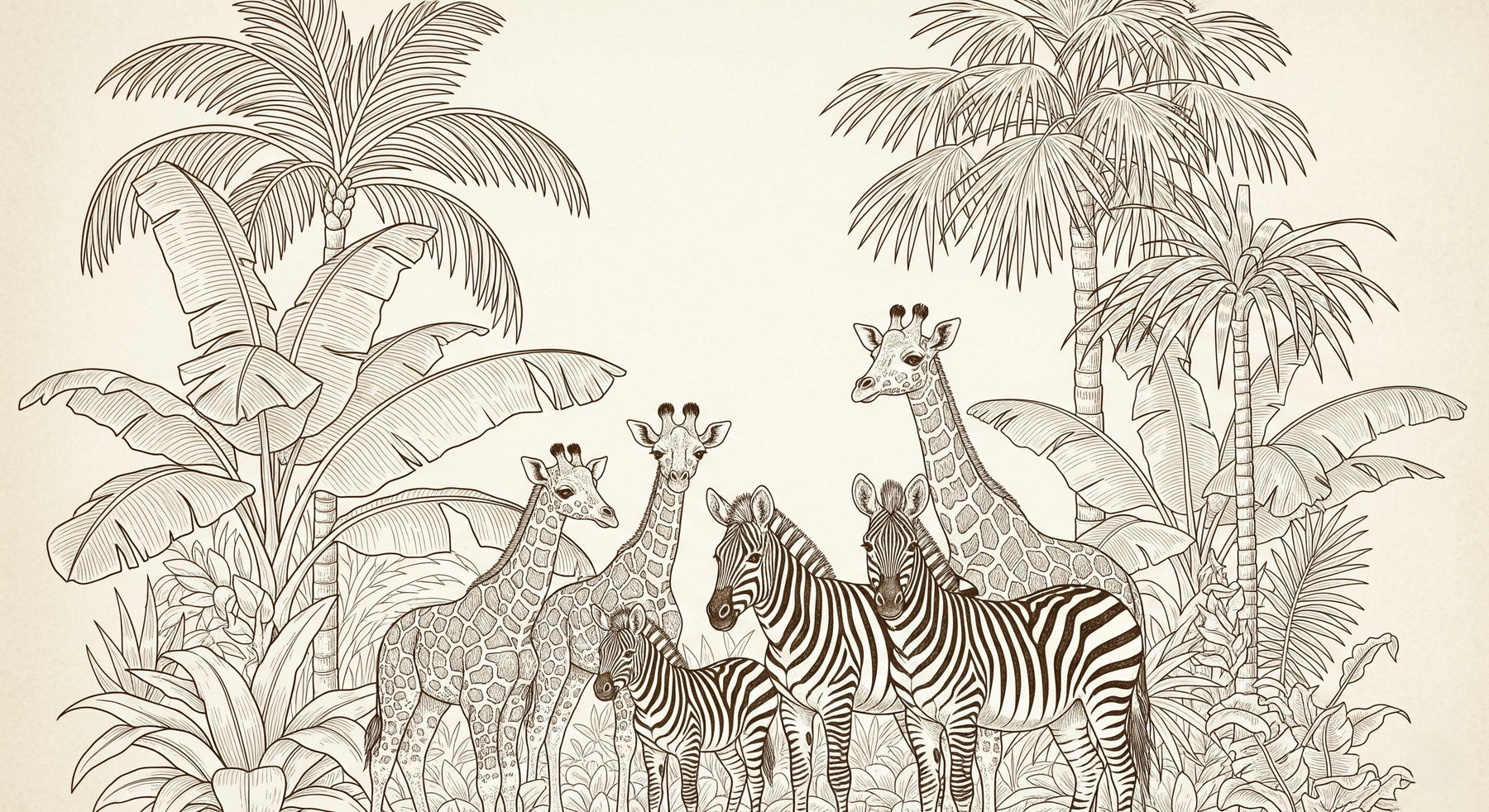 Detailed safari animals mural wallpaper design pattern with giraffes and zebras by Kids-Mundo
