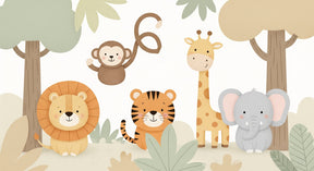 Detailed safari animals mural wallpaper design pattern featuring happy savanna friends by Kids-Mundo