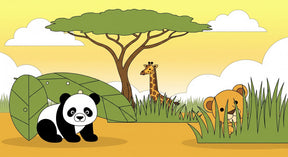 Detailed safari animals mural wallpaper design pattern showing panda, giraffe and lion by Kids-Mundo