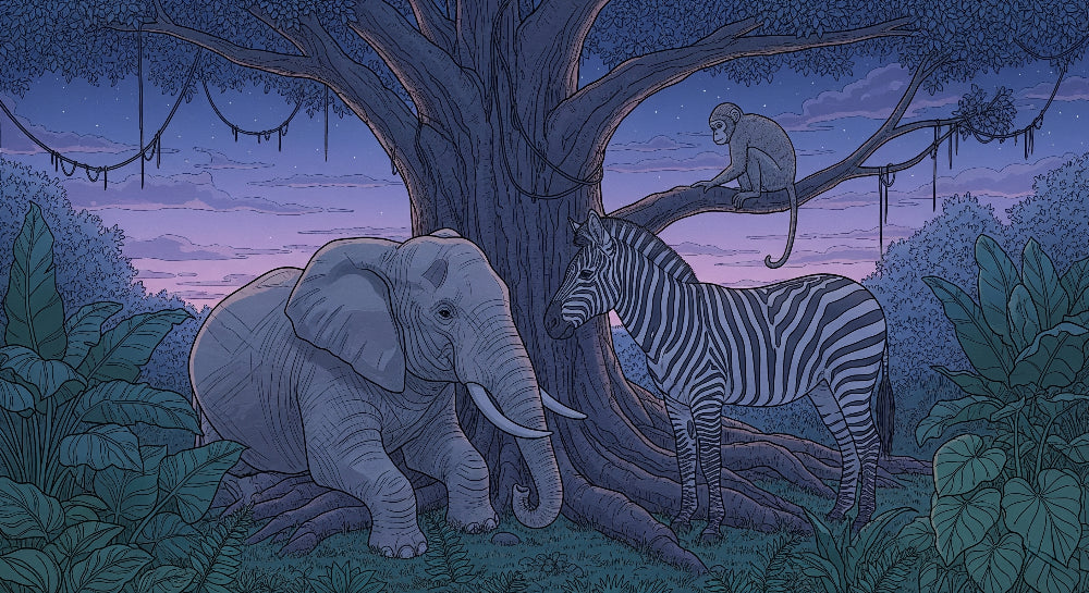 Detailed safari animals mural wallpaper design pattern with elephant zebra monkey by Kids-Mundo