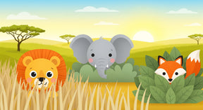 Detailed safari animals mural wallpaper design pattern showing lion, elephant and fox by Kids-Mundo