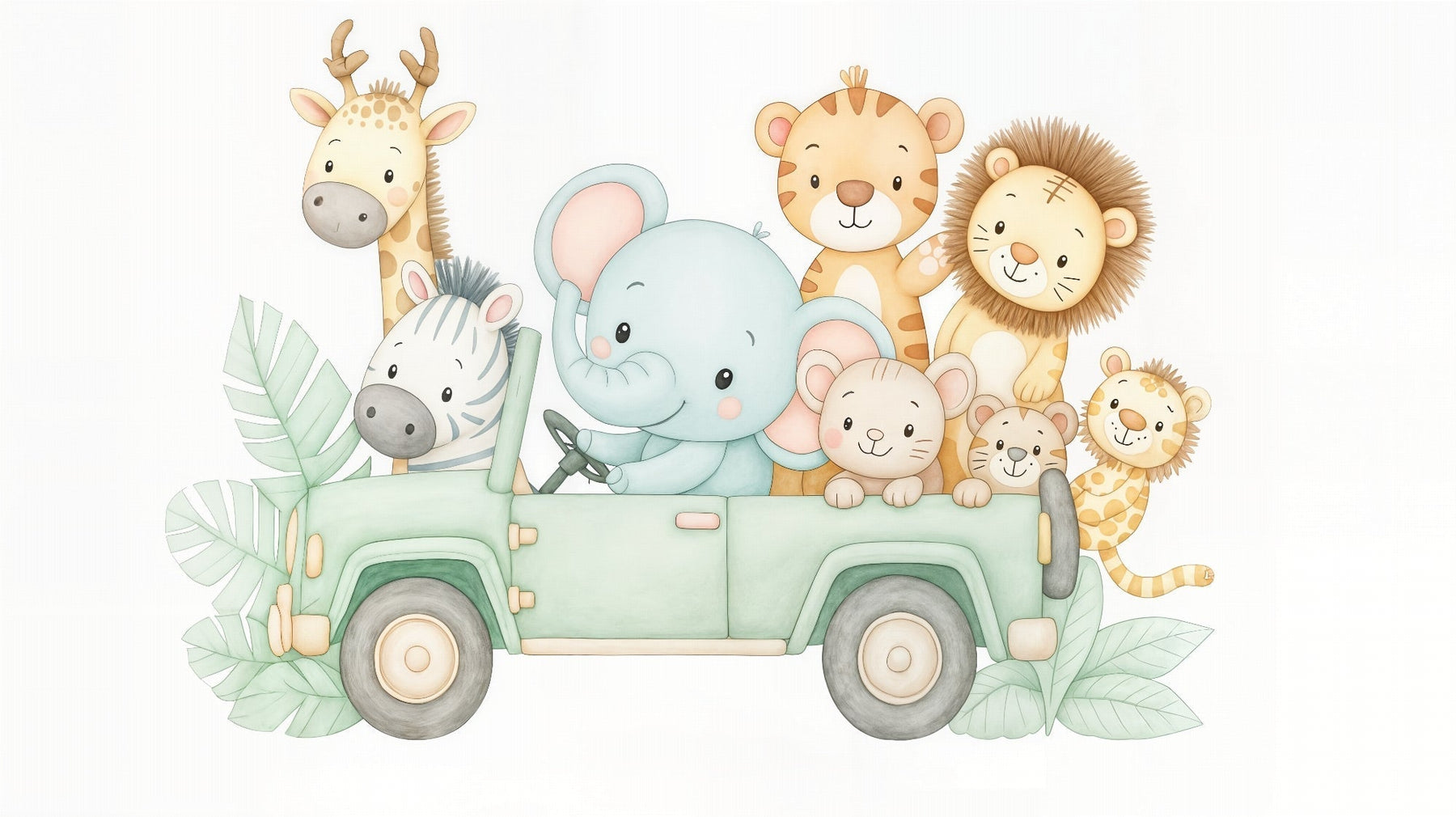 Detailed safari animals adventure car mural wallpaper design pattern by Kids-Mundo showing cute animal characters