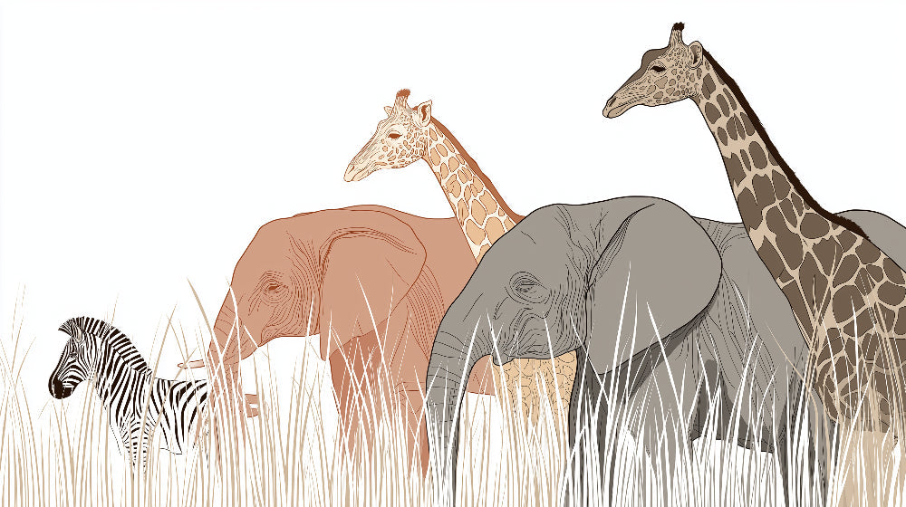 Detailed safari animals mural wallpaper design pattern with elephants, giraffes and zebra by Kids-Mundo