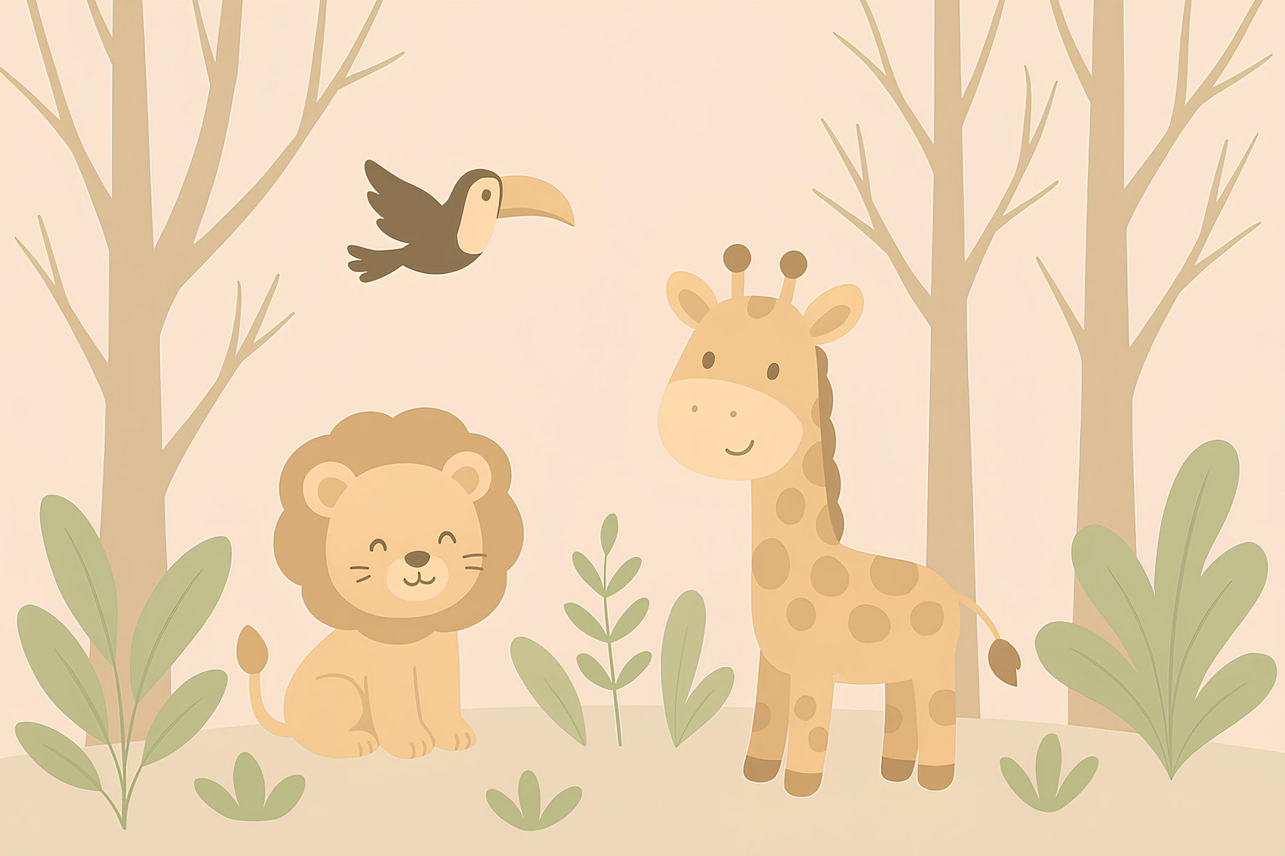 Detailed safari animals mural wallpaper design pattern with lion and giraffe by Kids-Mundo