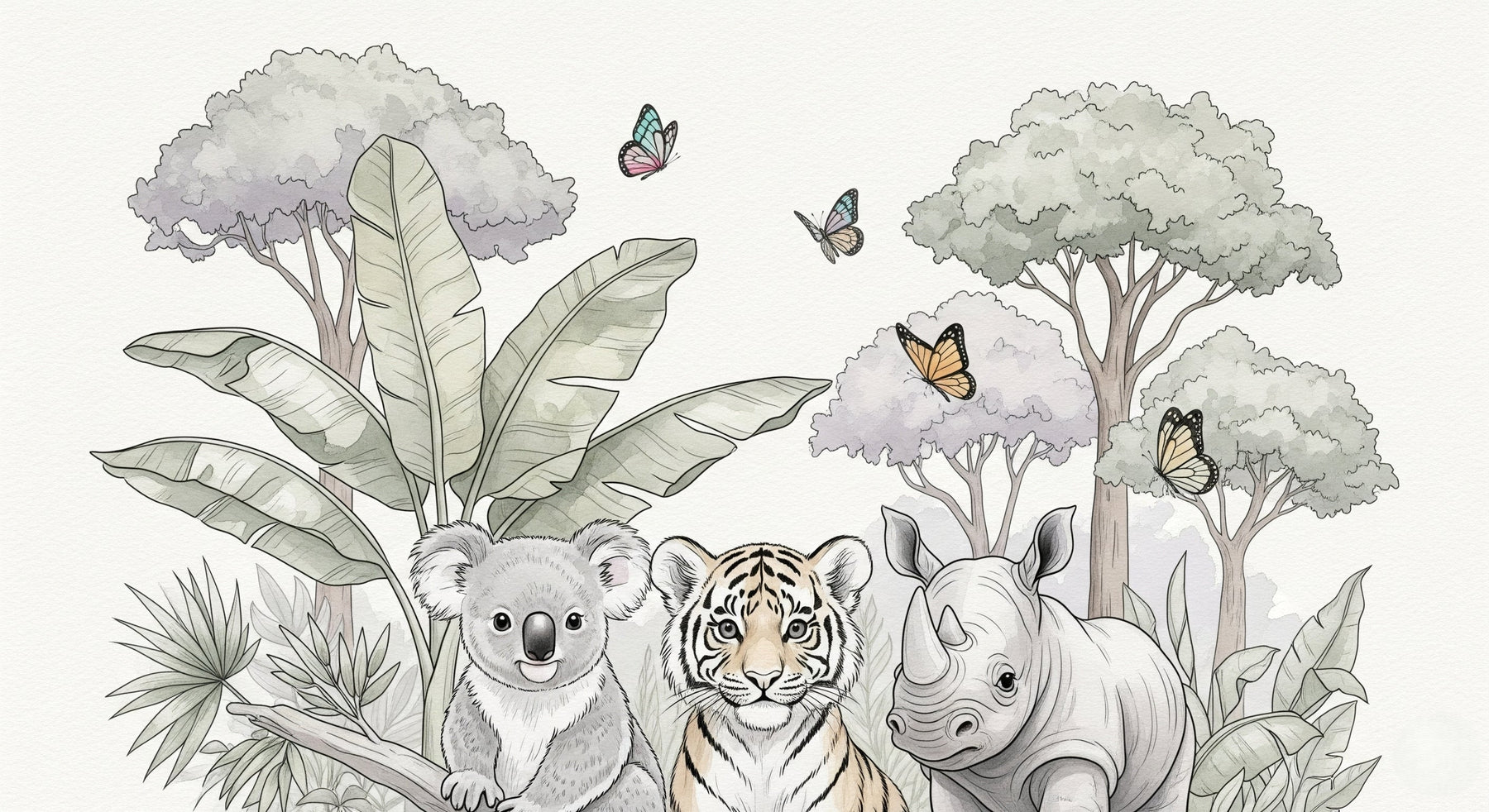 Detailed safari animals mural wallpaper design pattern with tropical foliage and wildlife by Kids-Mundo