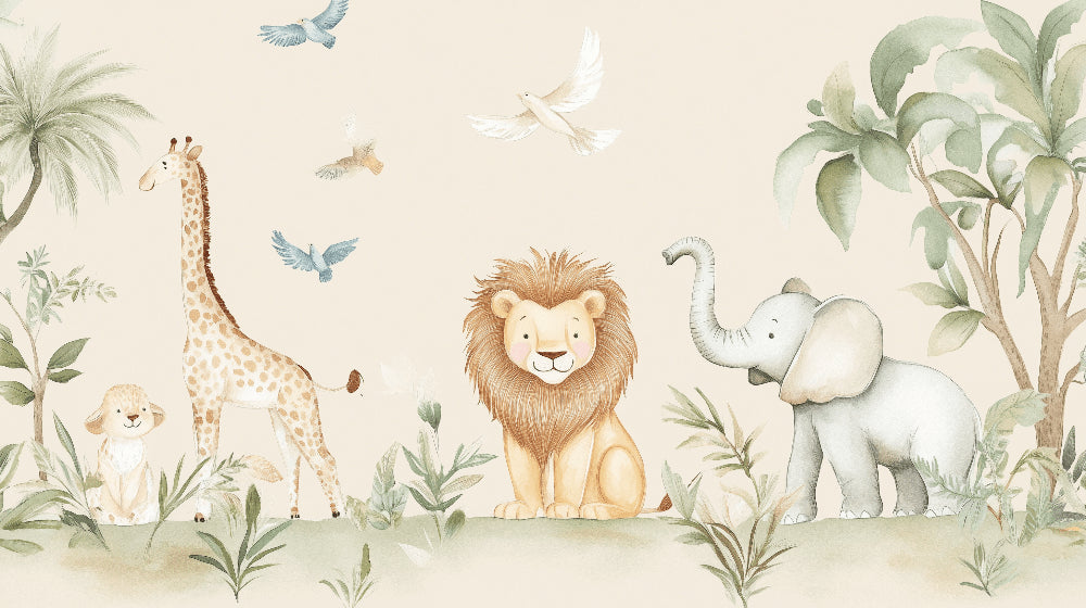Detailed safari animals and foliage mural wallpaper design pattern by Kids-Mundo