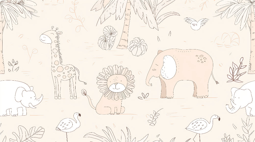 Detailed safari animals mural wallpaper design pattern showing playful creatures in pastel tones by Kids-Mundo