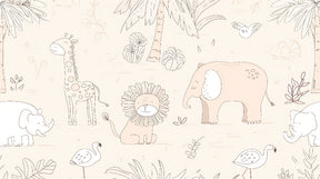 Detailed safari animals mural wallpaper design pattern showing playful creatures in pastel tones by Kids-Mundo