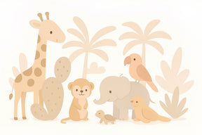 Detailed safari animals mural wallpaper design pattern featuring giraffe, elephant and lion by Kids-Mundo