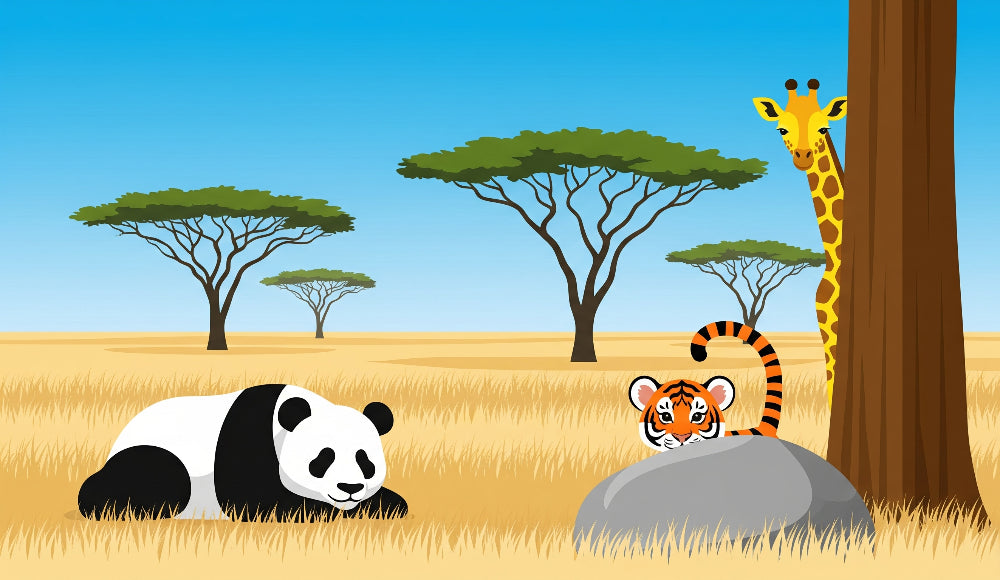 Detailed safari animals mural wallpaper design pattern with panda, tiger and giraffe by Kids-Mundo