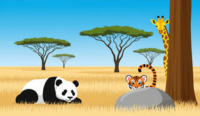 Detailed safari animals mural wallpaper design pattern with panda, tiger and giraffe by Kids-Mundo