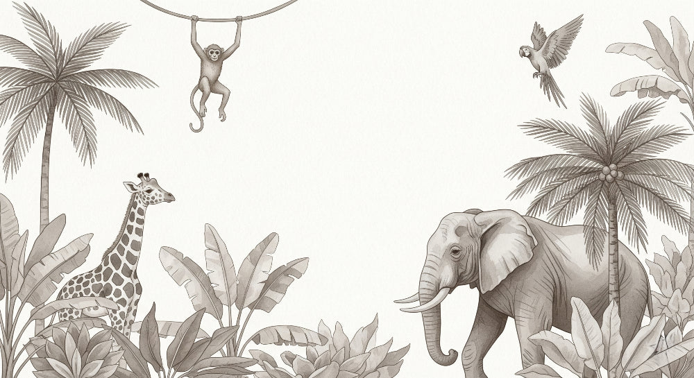 Detailed safari animals mural wallpaper design pattern featuring giraffe elephant and monkey by Kids-Mundo
