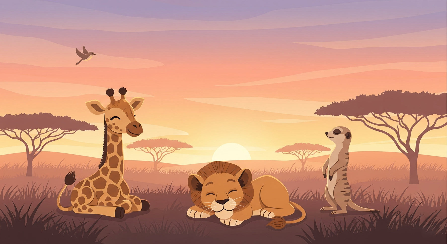 Detailed safari animals mural wallpaper design pattern with sunset savanna scene by Kids-Mundo