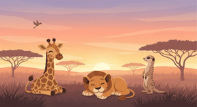 Detailed safari animals mural wallpaper design pattern with sunset savanna scene by Kids-Mundo