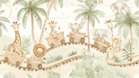 Detailed safari animals and exotic palms mural wallpaper design pattern by Kids-Mundo